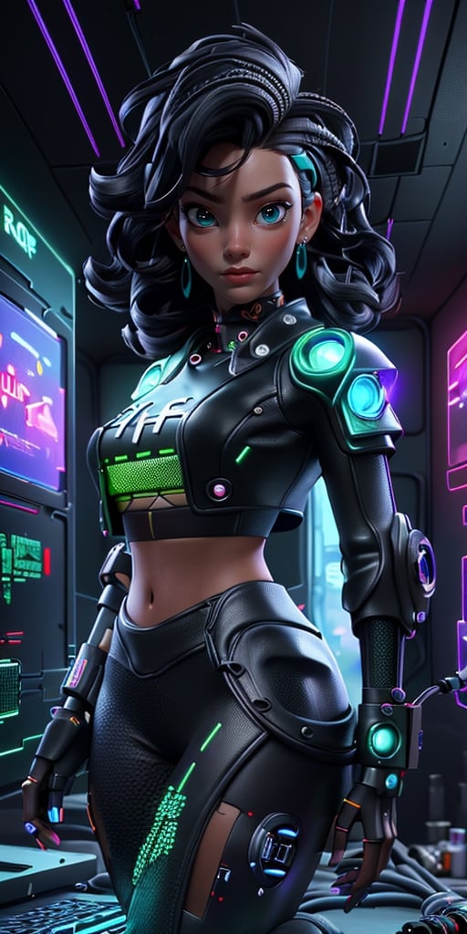 ((SFW Cyberpunk, best quality, masterpiece, crop top)), (very detailed), 3d, Friendly, (((Cyberpunk, sfw Hacker black girl, thick hair, African, crop top Sci-Fi))), operating spaceship, servers computer, LCD screens, fiber optic cables, holographic panels, HDR (high dynamic range), ray tracing, NVIDIA RTX, super resolution, ureal engine 5