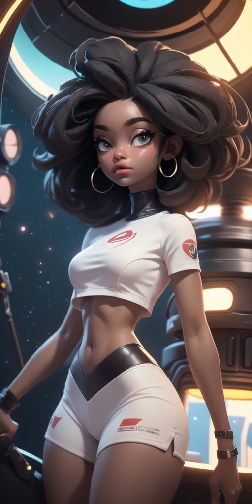 a beautiful black woman inside a spaceship, looking out, deep black space, night scene, highly detailed, slender body, sfw crop top, proportional, masterpiece, well-drawn hands