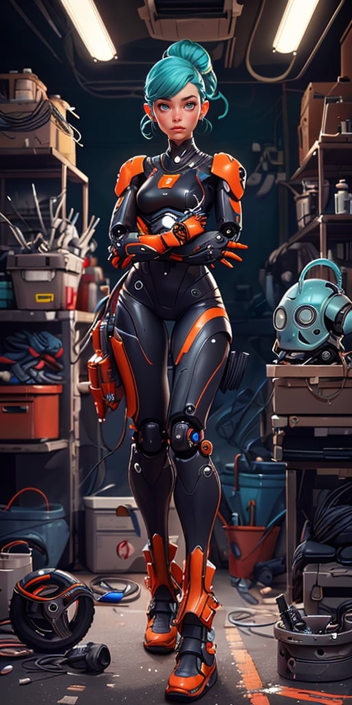 sfw Android female, mechanical arm, damaged, ((no clothes)), wires, circuitry, feminine body, sci-fi, orange and black are key colours, full body, (head to toe), in a retro garage workshop, fixing its arm with tools, zoomed out, full scene, skin showing