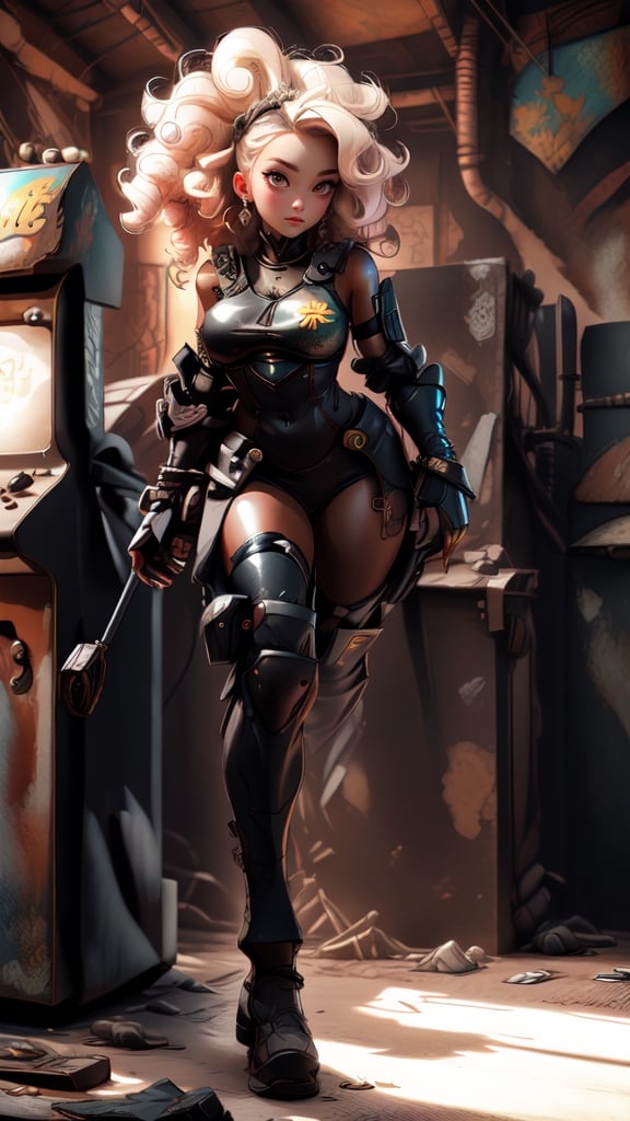 sexy, masterpiece, best quality, ultra-detailed, full body: 1.2, ((sexy black girl, very big breasts, black skin, slim body)), crop sci-fi armor open in front (no clothes), full body dynamic action pose, slim body, clear smile, full body, multicolored, curly, frizzy, modern hair, modern accessories, pastel tone background, colorful and simple, 
two legs, post-apocalyptic fashion,post-apocalyptic_play_zone