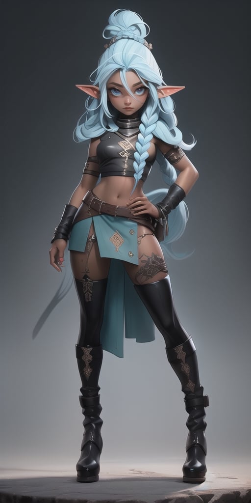 Avalon lins, hand-drawn, dark, gritty, realistic, mix of dark bold lines and loose lines, bold lines, on paper, twist character, ((sfw half-elf black-skinned female, full body, sfw crop top leather)), arcane symbols, runes, dark theme, ((light blue hair partially braided, black skin)), beautiful, pretty, padded leather clothing embroidered with runes, modest leather boots embroidered with runes, skirt with large opening frontal, beautiful black-skinned elf