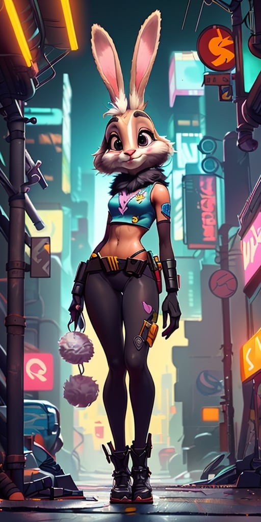 best quality, masterpiece, 1 solo girl , ((Judy Hopps style bunny girl zootopia, cyberpunk, sfw crop top, full body, hairy body, sci-fi)) , (petite, 18 years old) , ((facial features of rabbit,rabbit body Rabbit features,Body with rabbit fur, anthropomorphic)), ((rabbit ears)),(detailed hands), anthropophoric, red color eyes, rabbit feet, cyberpunk background