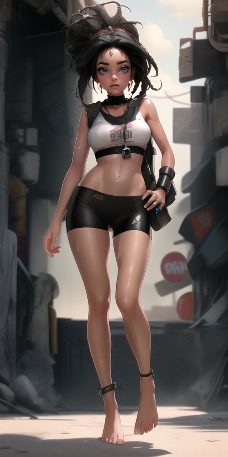 ((povd sfw)), masterpiece, best quality, 1girl, female dreadlock, solo, cyberpunk, ((skinny body, barefoot, full body, sweaty body, sweat beads on body, skinny, black skin, black girl) ), cloud dust, hair showing, hair show shows, barefoot, black hair, fine focus, high resolution, 8k, highly detailed, mysterious, post-apocalyptic fashion,missionary vaginal