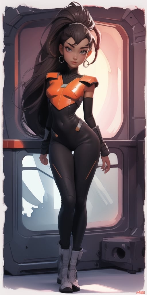 ((line drawing, watercolor, sfw 1 girl, Uhura on USS Enterprise bridge, natural pose, solo, showing navel, no clothes, cropped top, looking at flight screen)), best quality, masterpiece, ultra detailed, beautiful face, symmetrical face, detailed hands, well-drawn hands, slim body, proportional body, full body, (star trek, uss enterprise bridge), high quality, 8k, art station, digital painting