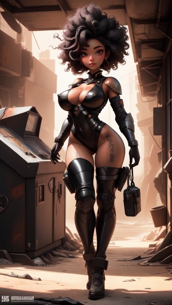 nsfw sexy, masterpiece, best quality, ultra-detailed, full body: 1.2, (((nsfw, sexy black girl, very big big breasts, black skin, slim body))), crop sci-fi armor open in front (nude, no clothes), full body dynamic action pose, slim body, clear smile, full body, multicolored, curly, frizzy, modern hair, modern accessories, pastel tone background, colorful and simple, 
two legs, post-apocalyptic fashion,post-apocalyptic_play_zone,BDNC,Nature,post-apocalypic_fashion