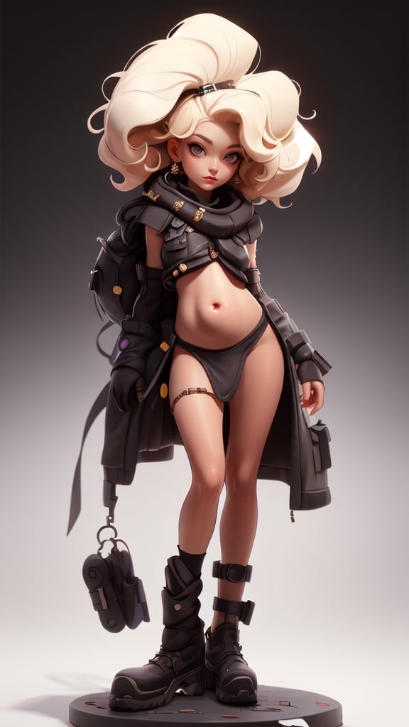 nsfw, masterpiece, best quality, ultra-detailed, full body: 1.2, ((loli black sexy girl, showing belly, navel, crotch)), nsfw sci-fi suit open in front ((no clothes, nude) ), full body action pose, clear smile, full body, multicolored, curly, frizzy, modern hair, modern accessories, pastel tone background, colorful and simple, post-apocalyptic fashion