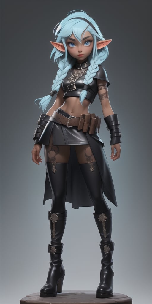 Avalon lins, hand-drawn, dark, gritty, realistic, mix of dark bold lines and loose lines, bold lines, on paper, twist character, ((sfw half-elf black-skinned female, full body, sfw crop top leather)), arcane symbols, runes, dark theme, ((light blue hair partially braided, black skin)), beautiful, pretty, padded leather clothing embroidered with runes, modest leather boots embroidered with runes, skirt with large opening frontal, beautiful black-skinned elf