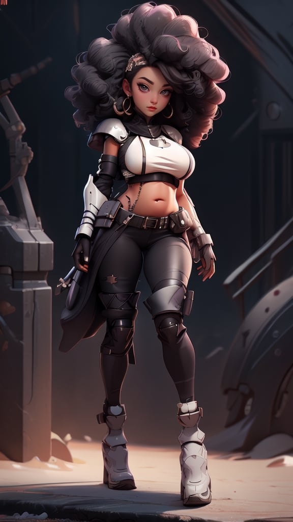 sexy, masterpiece, best quality, ultra-detailed, full body: 1.2, ((sexy black girl, no belly, very big breasts, black skin, slim body)), crop sci-fi armor open in front (no clothes), full body dynamic action pose, slim body, clear smile, full body, multicolored, curly, frizzy, modern hair, modern accessories, pastel tone background, colorful and simple, 
two legs, post-apocalyptic fashion