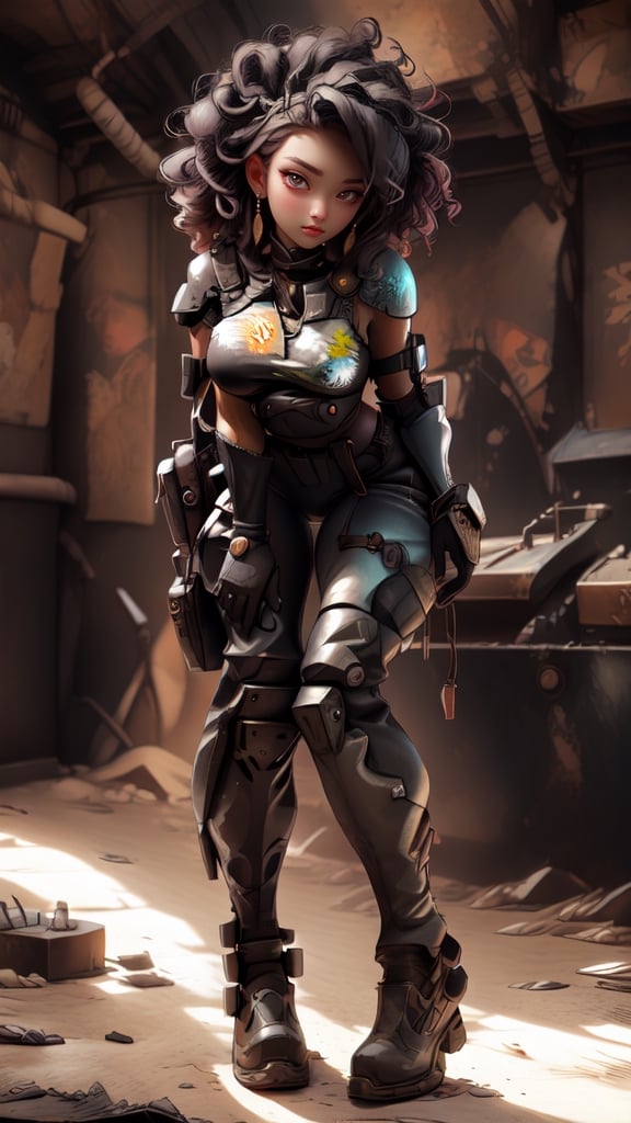 sexy, masterpiece, best quality, ultra-detailed, full body: 1.2, ((sexy black girl, very big breasts, black skin, slim body)), crop sci-fi armor open in front (no clothes), full body dynamic action pose, slim body, clear smile, full body, multicolored, curly, frizzy, modern hair, modern accessories, pastel tone background, colorful and simple, 
two legs, post-apocalyptic fashion,post-apocalyptic_play_zone