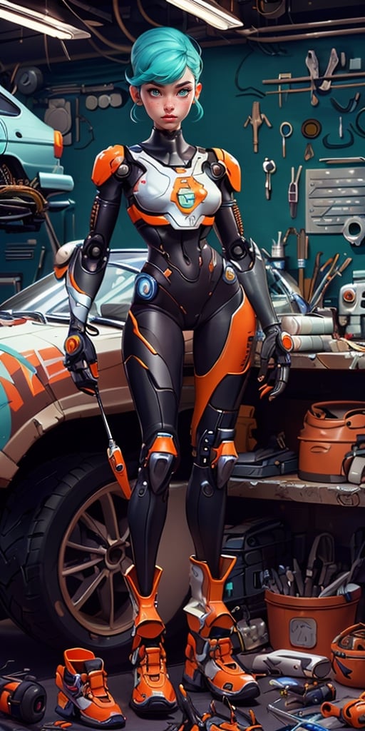 Android, mechanical arm, damaged, ((no clothes)), wires, circuitry, feminine body, sci-fi, orange and black are key colours, full body, (head to toe), in a retro garage workshop, fixing its arm with tools, zoomed out, full scene, skin showing