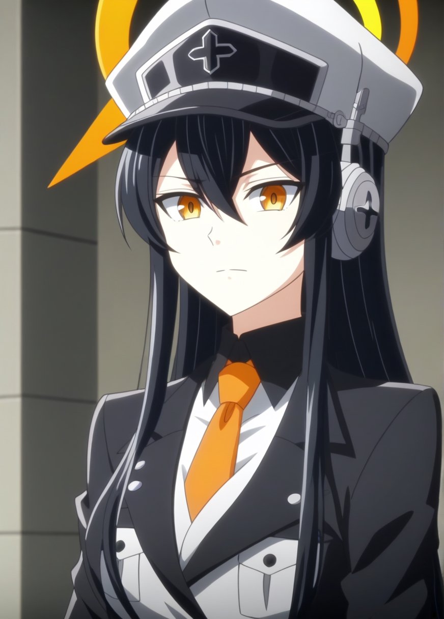 Masterpiece, beautiful details, perfect focus, 1girl, very long hair, black jacket, orange necktie, (aged up), ((Orange halo)), Orange eyes, esdeath, ((black hair)), Black pants, black military cap, ((illustration)), (Headphones), black gloves, hair between eyes, 20 years old, (anime screencap), closed mouth, portrait,