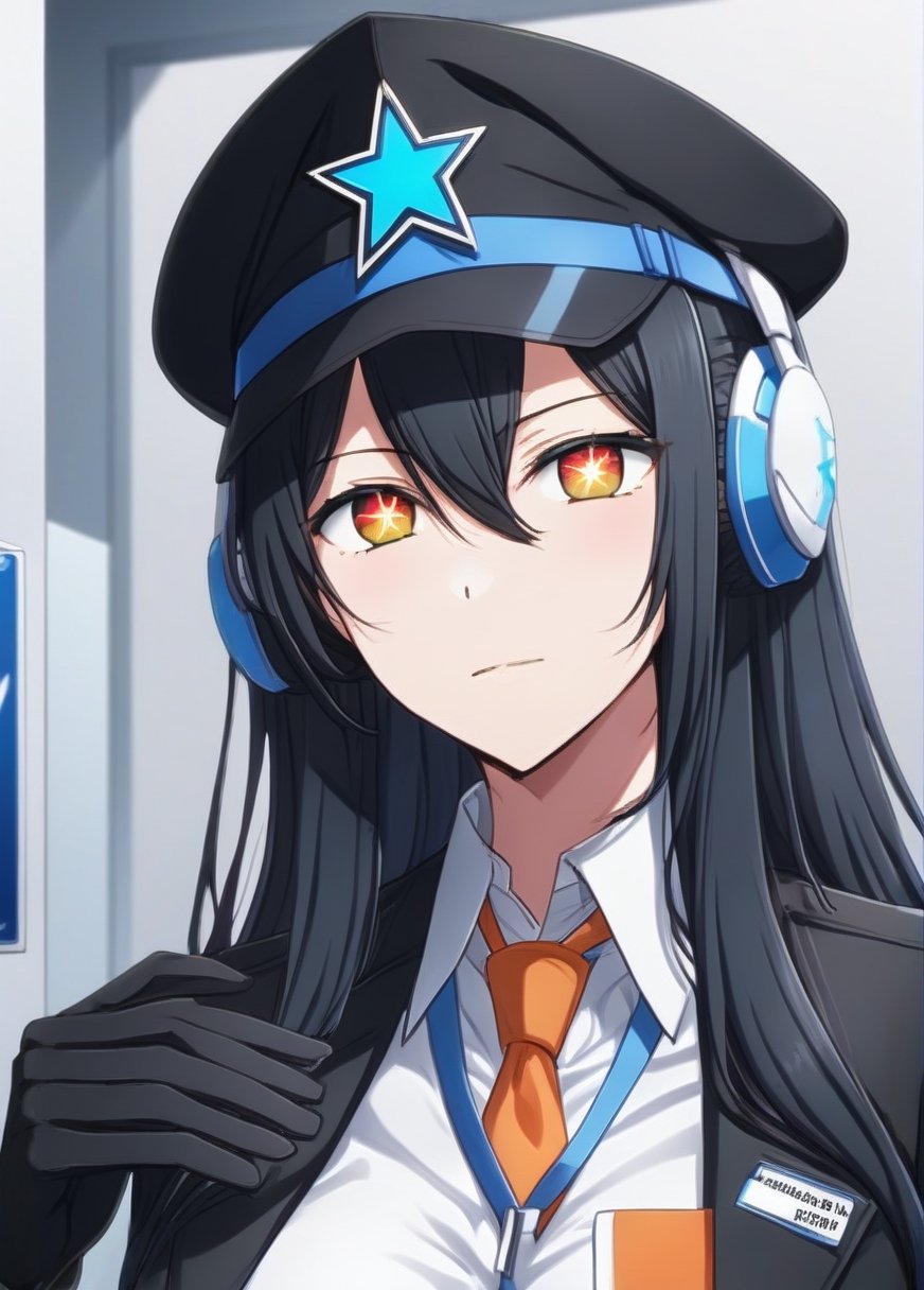 1girl, very long hair, white shirt, black jacket, (orange necktie), ((aged up)), (Orange halo), Orange eyes, black hair, ((star shaped-pupils)), large breast, (hair between eyes), illustration, ((black military CAP)), esdeath, ((black gloves)), (headphones), (white background), ID card, blue archive, ((anime screepcap)), Sharp focus, hasumi, multicolores eyes, 20 years old, adult, futuristic 