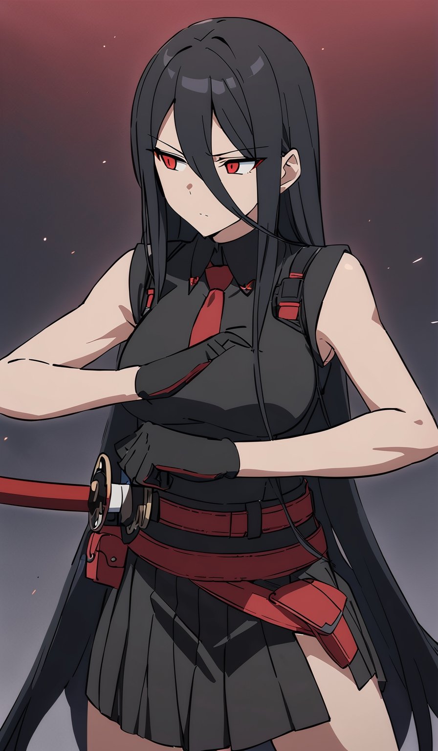 1girl, medium breast, very long hair, ((black hair)), (red eyes), sleeveless, ((red necktie)), (black short skirt), (black pleated shirt), black boots, (male focus), (big eyes), masterpiece, best quality, newest, (red theme:0.5), (black gloves), ((red gautlets)), (red belt pouch), akame, (jitome:1.3), saori, hasumi, anime screencap, (extra short bangs), (disdain), fighting stance, hair between eyes, (katana),