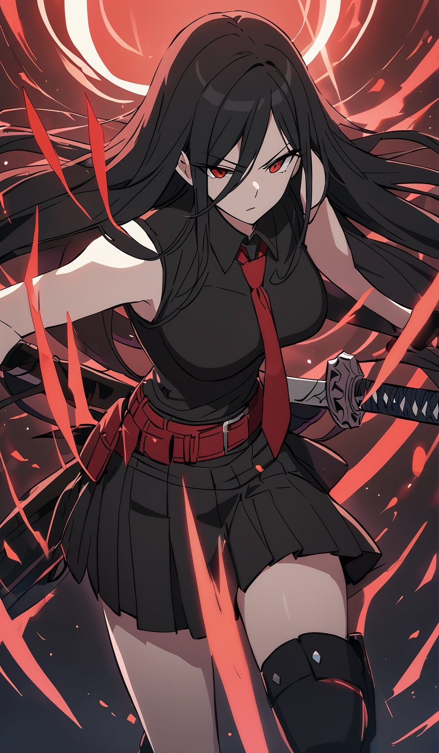 1girl, medium breast, very long hair, ((black hair)), (red eyes), sleeveless, ((red necktie)), (black short skirt), (black pleated shirt), black boots, (male focus), (big eyes), masterpiece, best quality, newest, (red theme:0.5), (black gloves), ((red gautlets)), (red belt pouch), akame, (jitome:1.3), saori, hasumi, anime screencap, (extra short bangs), (disdain), fighting stance, hair between eyes, (katana),