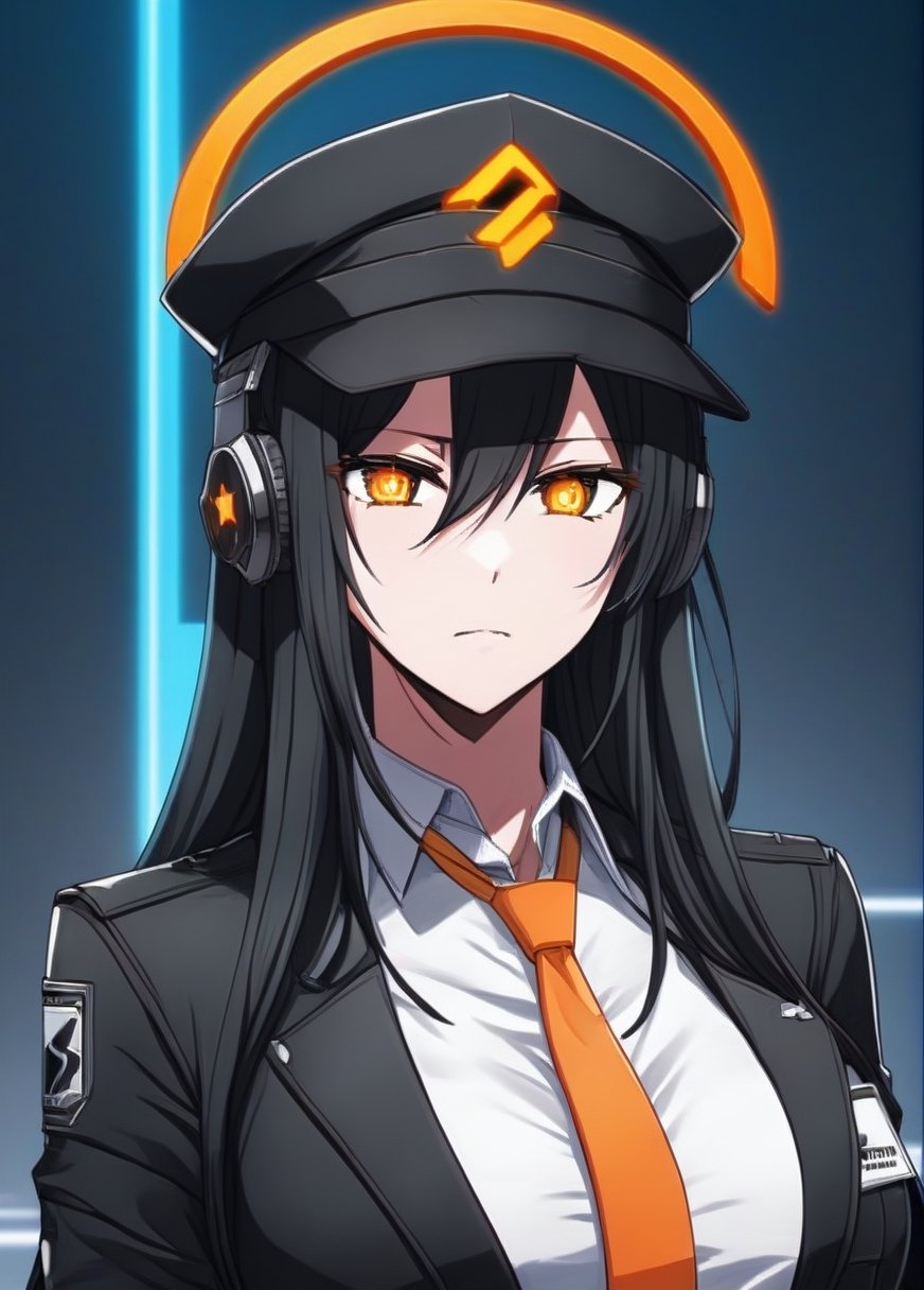 1girl, very long hair, white shirt, black jacket, (orange necktie), ((aged up)), (((Orange halo))), Orange eyes, black hair, ((star shaped-pupils)), large breast, (hair between eyes), illustration, ((black military CAP)), esdeath, ((black gloves)), (headphones), (white background), ID card, blue archive, ((anime screepcap)), Sharp focus, hasumi, multicolores eyes, 20 years old, adult, futuristic, Orange theme, Cyberpunk2077 