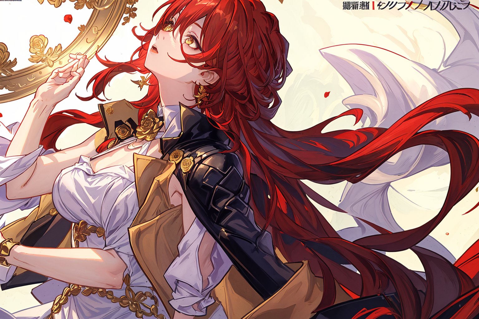 (Masterpiece, top quality, best quality, official art, beautiful and aesthetic:1.2), 1girl, official, head, yellow eyes, red hair, long hair, white dress, black jacket, golden rose on neck, single earring