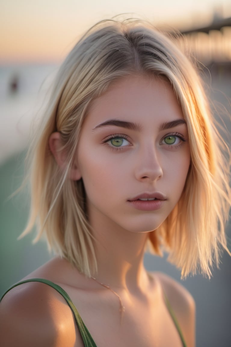 young teen, droopy ((green eyes)), arched eyebrows, straight bob cut blonde hair, pale, skinny, outdoors in Huntington Beach Pier, California, at sunset, style of b-movie aesthetics, hyperrealism, hyper-realistic, photo-realistic techniques, captivating documentary photos, quito school