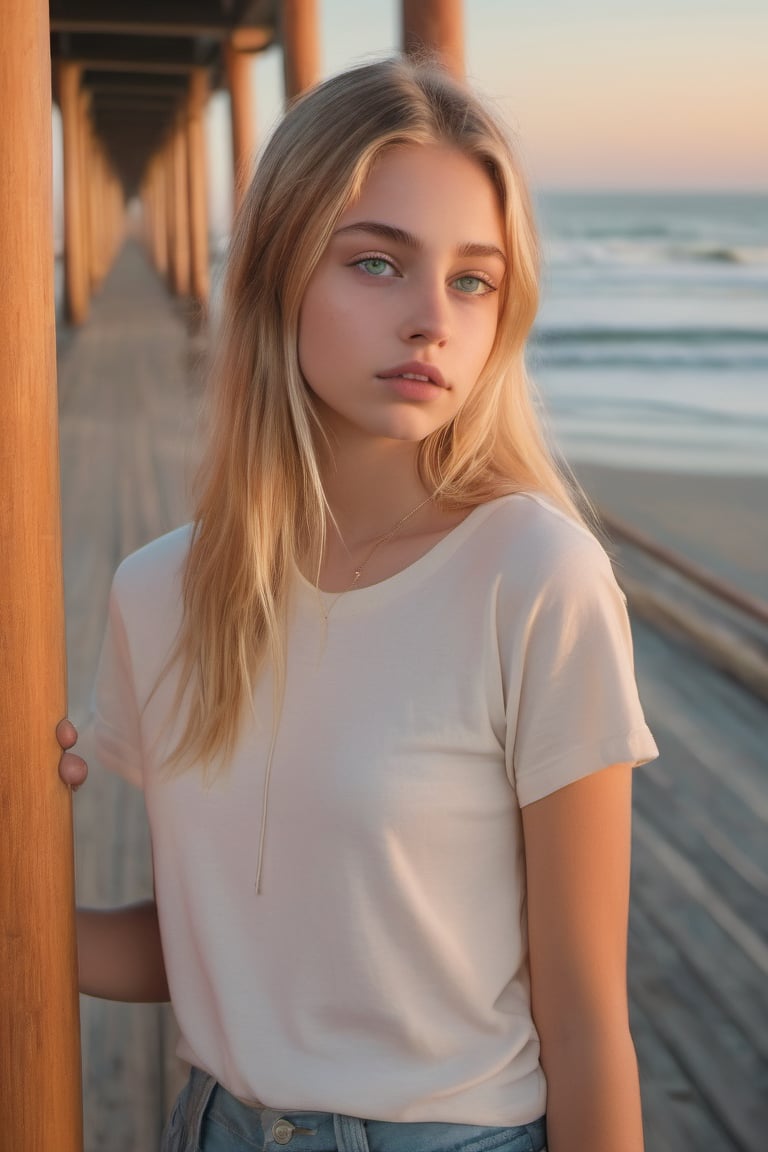 A teenager with droopy ((green eyes)) and arched eyebrows, sporting straight medium blonde hair, appears pale and slender as they stand outdoors on the iconic Huntington Beach Pier in California at sunset. The scene is bathed in a warm orange glow, reminiscent of b-movie aesthetics, hyperrealism, and photo-realistic techniques that capture the essence of captivating documentary photos. Framed by the pier's wooden slats and the distant Pacific Ocean, this teen embodies the Quito School's emphasis on subtle yet evocative storytelling through visual narrative.