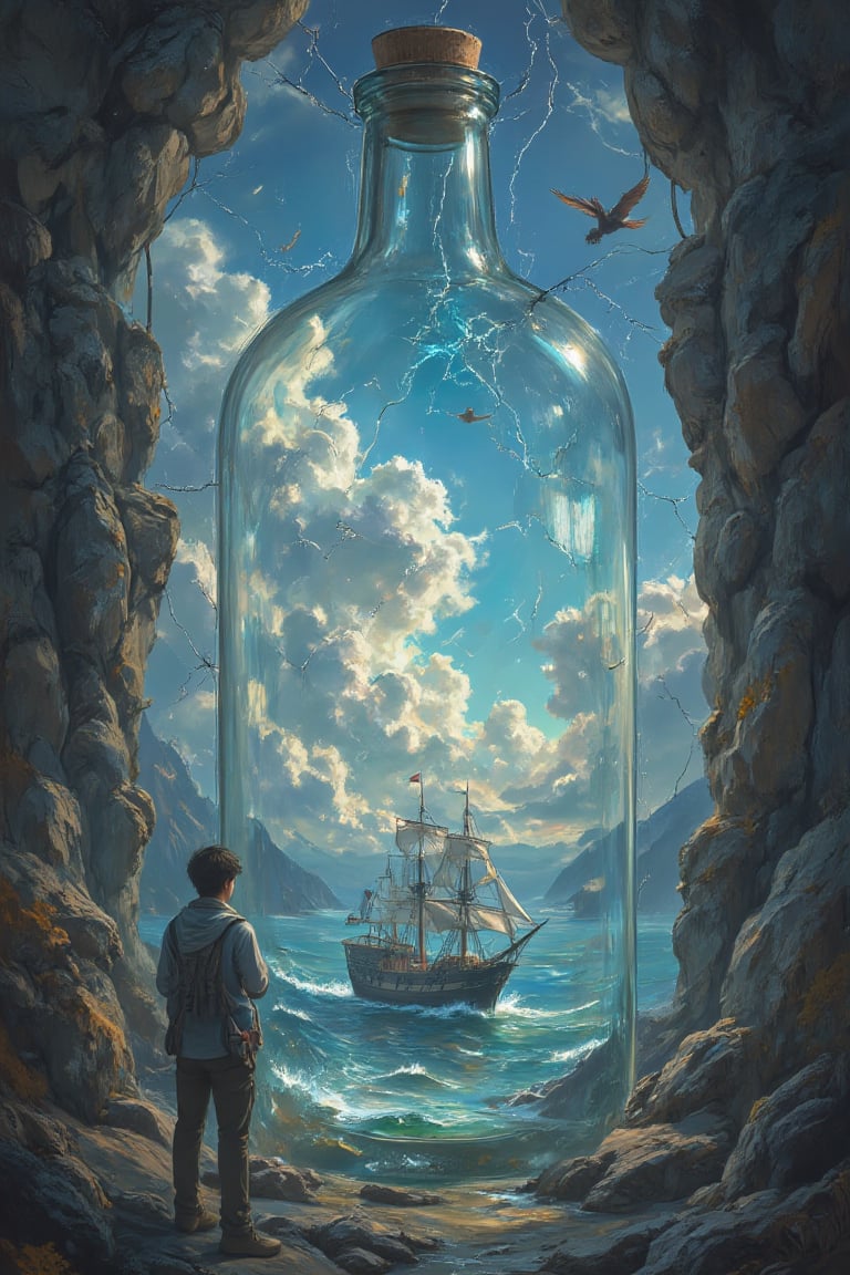 The sky has cracked open inside a ship in a bottle. The broken bottle represents the sky covered in clouds. First person inside the ship in a bottle looking the cracked bottle with a open sea