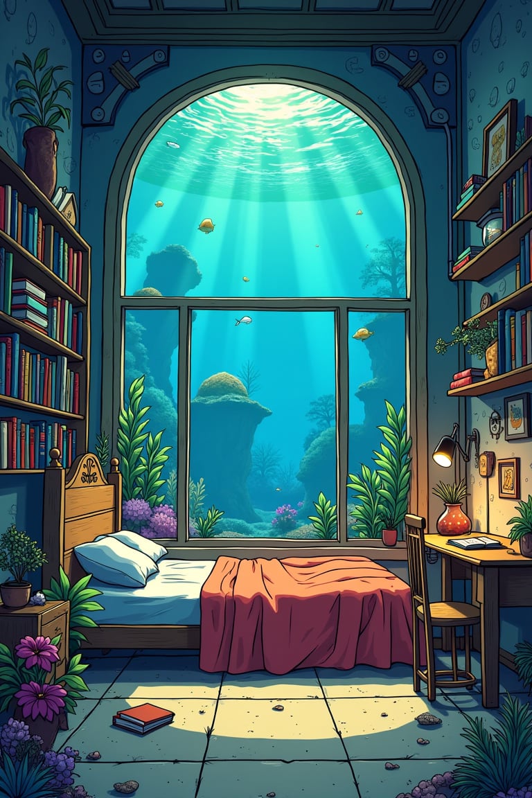 a cozy steampunk bedroom at the bottom of the ocean,  bunk bed,  books by Ruanny on Tensor.Art