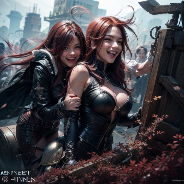 (erza) and (dark hair woman) having a fight, detailed face, red hair, detailed eyes, happy laughter, insanely detailed and intricate, ultra-sharp and clear, volumetric lighting, ultra-high resolution, masterpiece hyper realistic artwork of Frank Bellamy, insanely detailed and intricate, centered, Professional Color Grading by Kenneth Hines Jr., trending on Artstation