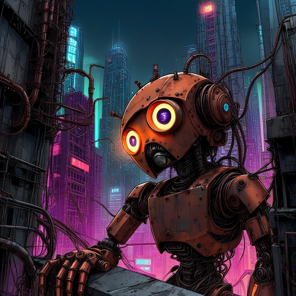 Comic book art style, A gritty, urban landscape unfolds as our robot protagonist stands atop a rundown skyscraper, {{rust}}-hued pipes and wiring exposed beneath their metallic limbs. The city's neon lights reflect off their cybernetic eye, casting an otherworldly glow amidst the concrete jungle. Cyberpunk, anime, pall background 