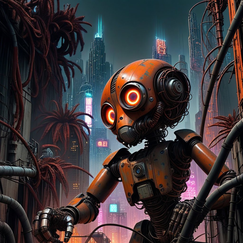 A gritty, urban landscape unfolds as our cyborg protagonist stands atop a rundown skyscraper, {{rust}}-hued pipes and wiring exposed beneath their metallic limbs. The city's neon lights reflect off their cybernetic eye, casting an otherworldly glow amidst the concrete jungle.