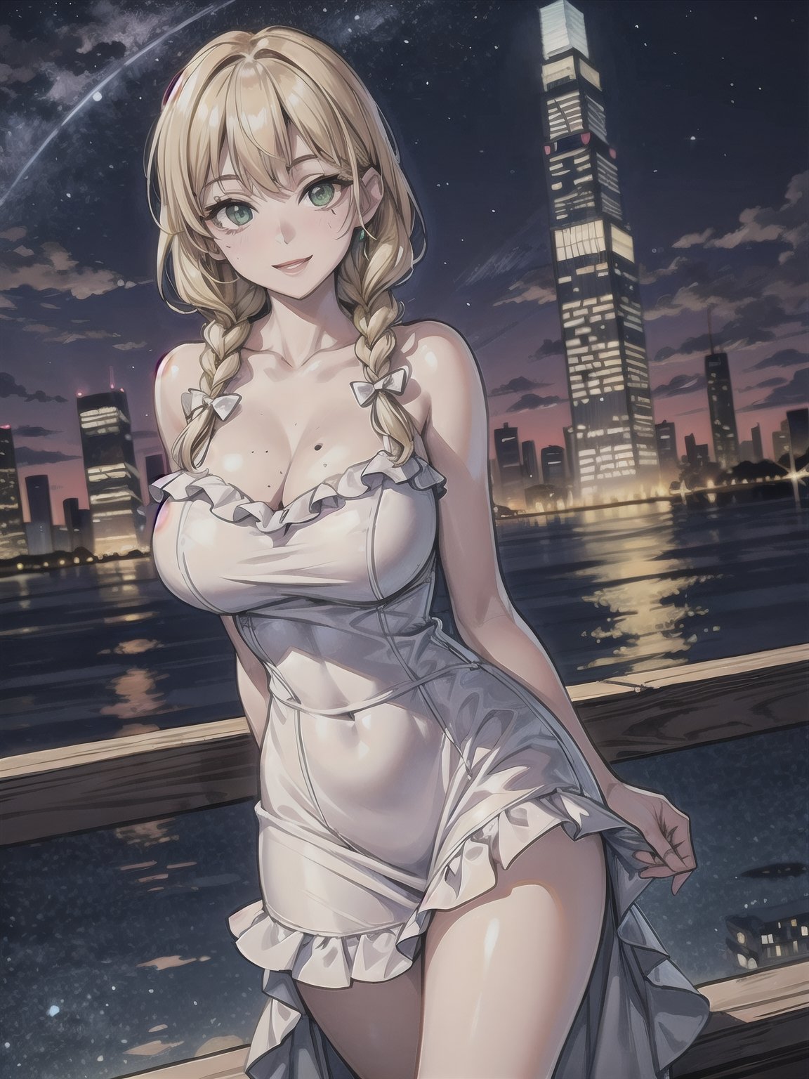 ((masterpiece)), ((orange frilled dress)), (blonde hair), green eyes, twin braids, medium breasts, huge hips, (looking at viewer), silhouette,1 busty cute face light smile girl, pale skin, beauty_mark, mole, star (sky), cloud, cityscape, building, city, outdoors, skyscraper, city lights, night, night sky, sunset, skyline,