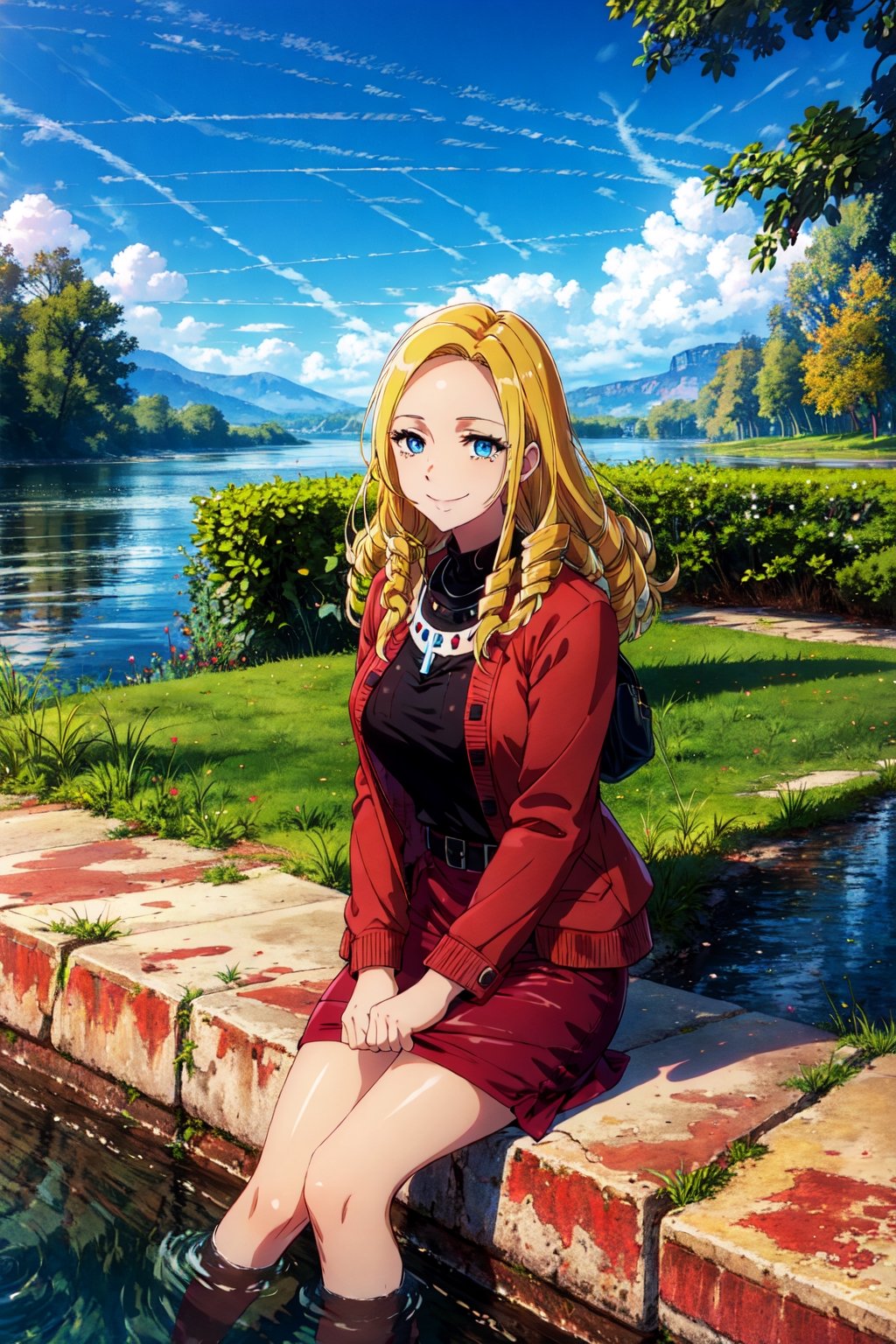 masterpiece,best quality,1girl,mature female,solution epsilon,blue eyes,black sweater,cross necklace,high collar dress,red jacket,pencil skirt,red skirt,sitting,smile,outdoors,riverbank,wind,water drop,