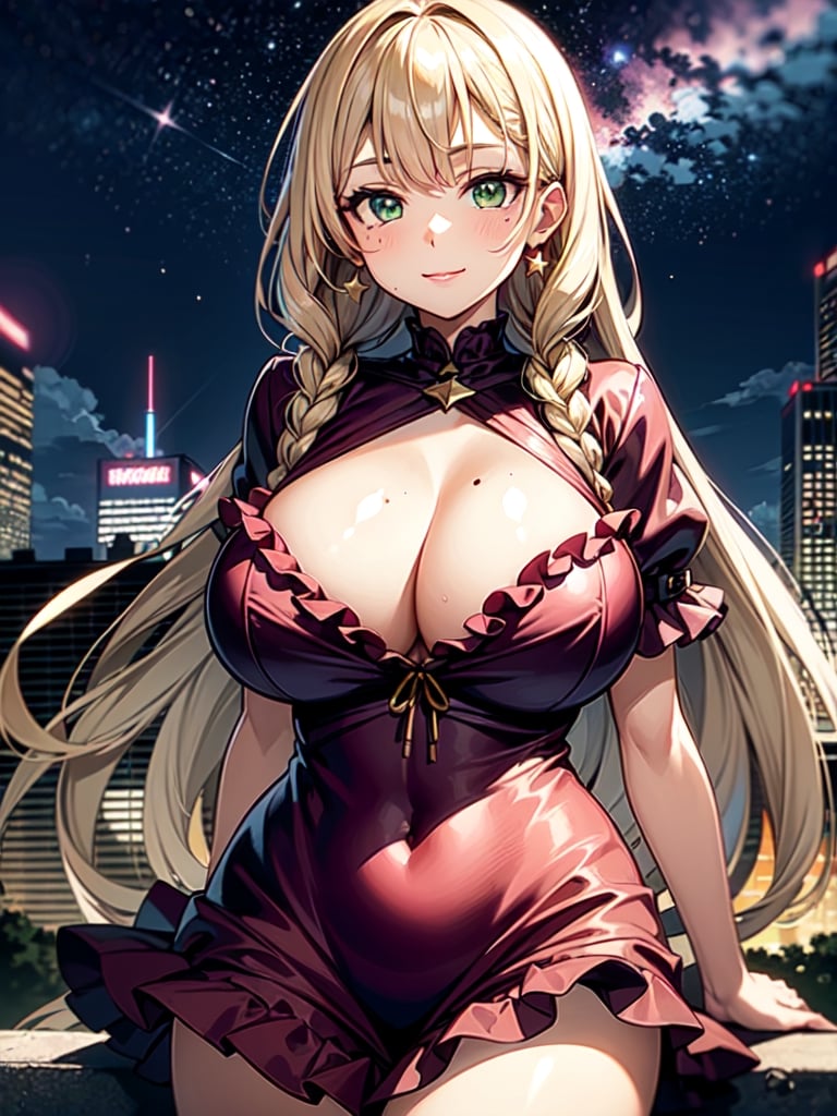 ((masterpiece)), ((pink frilled dress)), (blonde hair), green eyes, twin braids, huge breasts, big hips, (looking at viewer), silhouette,1 busty cute face light smile girl, pale skin, beauty_mark, mole, star (sky), cloud, cityscape, building, city, outdoors, skyscraper, city lights, night, night sky, sunset, skyline,