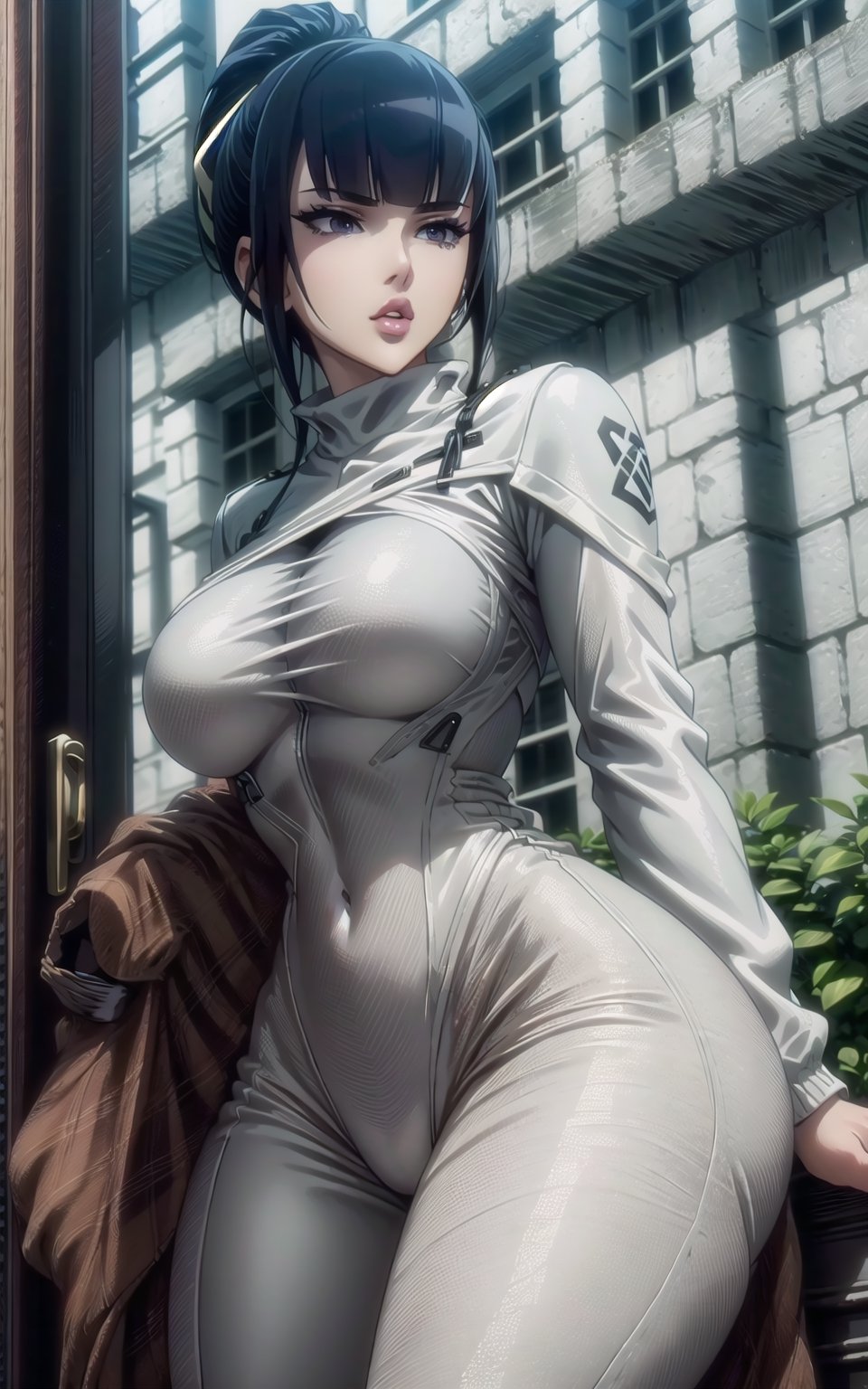 beautiful 1women,wearing a white leopard suit and a jacket on top,sexy,seducing,masterpiece, best quality, narberal gamma, black hair, ponytail,b1mb0