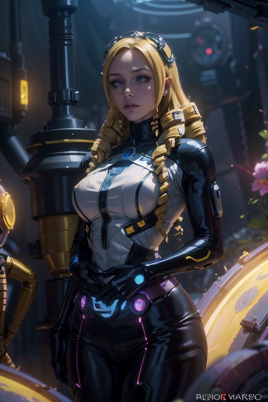 "A detailed painting of a alien Girl With drill hair dressed as a space ranger, exploring an extraterrestrial landscape adorned with vibrant, otherworldly flowers, Space ship Wreks. Science fiction wonderland, imaginative, space adventure.",More Detail,(solution epsilon),breasts