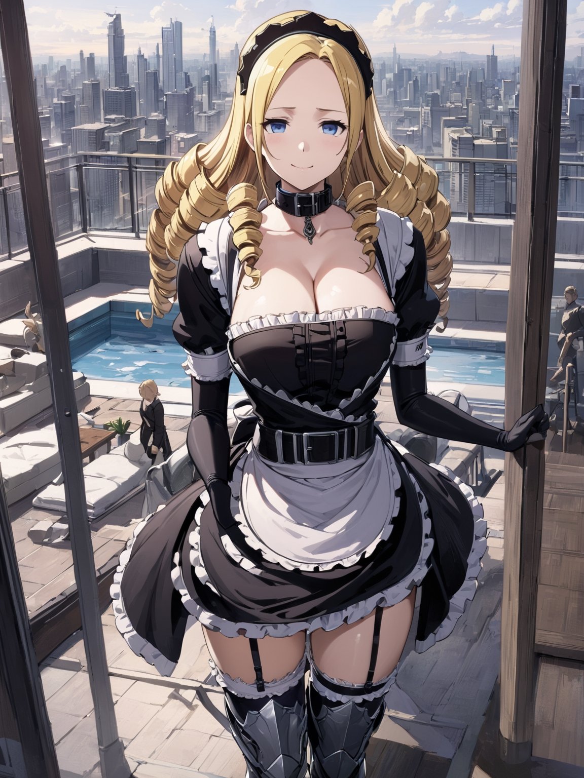 //Quality,
masterpiece, best quality, detailed
,//Character,
1girl, solo, solution epsilon \(overlord\), 1girl, blue eyes, drill hair, blonde hair, large breasts
,//Fashion,
maid, black dress, cleavage, elbow gloves, collar, frilled skirt, thighhighs, garter straps, armored boots
,//Background,
modern penthouse, pool, balcony, skyline
,//Others,
dark smile