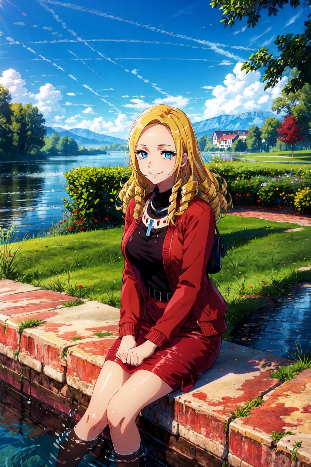 masterpiece,best quality,1girl,mature female,solution epsilon,blue eyes,black sweater,cross necklace,high collar dress,red jacket,pencil skirt,red skirt,sitting,smile,outdoors,riverbank,wind,water drop,