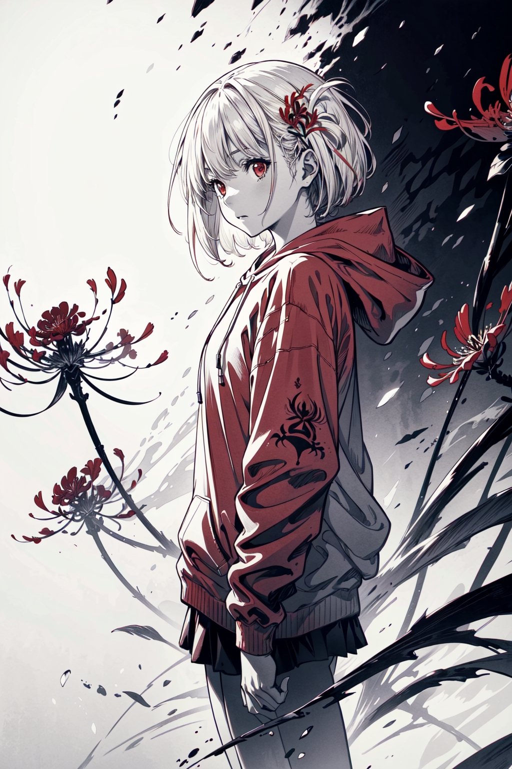 ((masterpiece, best quality)),(monochrome art),1girl,blonde hair,red eyes,flat hoodie,background in the asphodel,nishikigi chisato,spider lily,