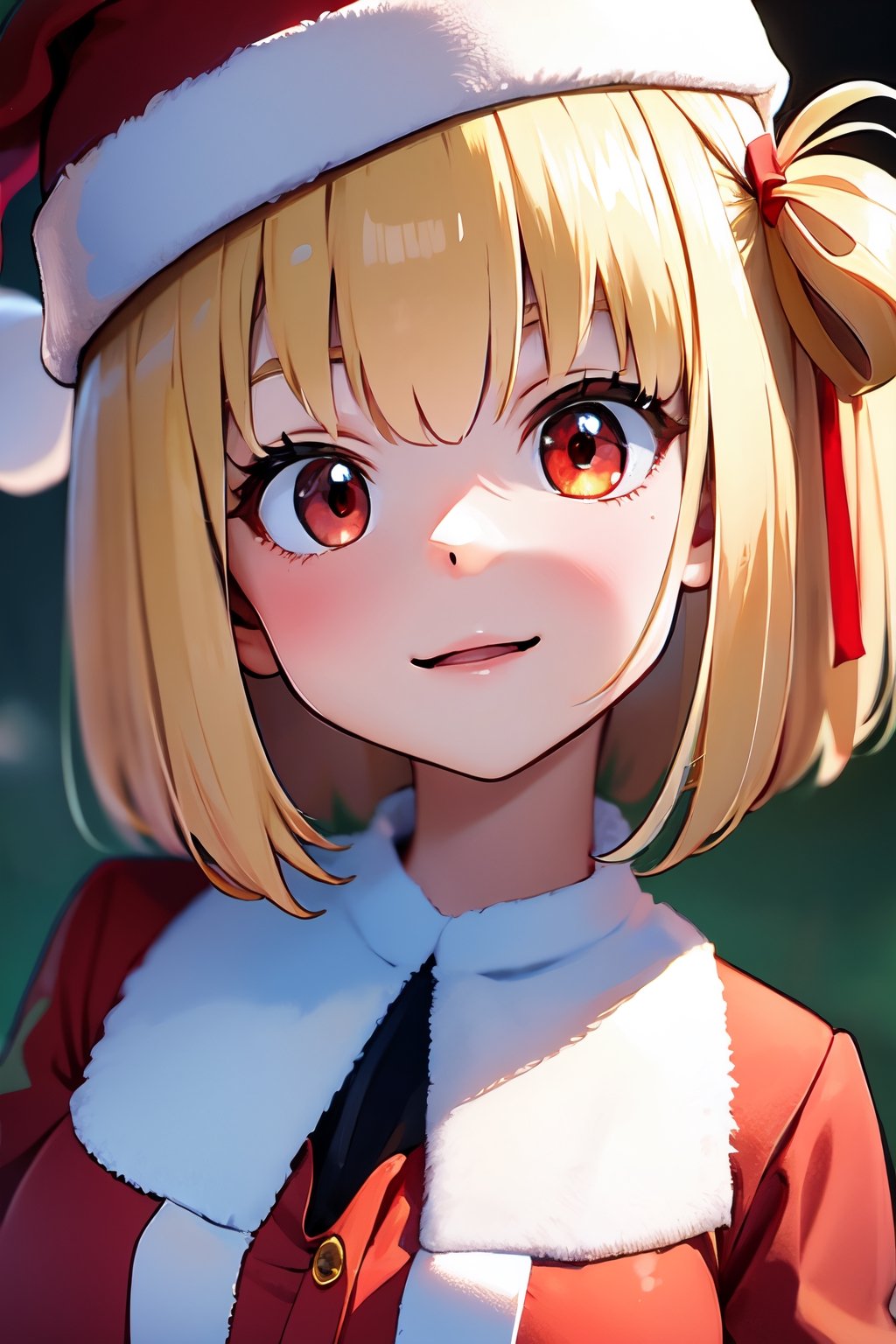 1girl, perfect,light,front view,front facing, nishikigi chisato, short hair, bangs, blonde hair, (red eyes:1.5), hair ribbon, one side up, bob cut,medium breasts, 1 girl,High detailed,,nishikigi chisato,Santa hat,chisato nishikigi,short hair,santa costume,sntdrs,Santa Claus