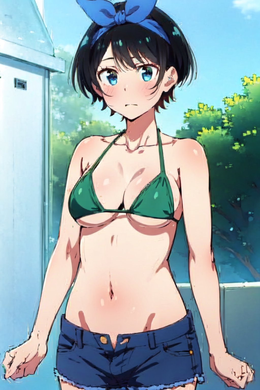 1girl, perfect,light,front view,front facing, 1girl, black hair, hairband, short hair, solo, hairband, blue eyes,ruka,  1 girl,High detailed,,short hair,,, 1girl,medium breasts, sarashina ruka, black hair, breasts, boobs,REIOVABIKINI, bikini, beach, front view,RukaSarashina,blue ribbon