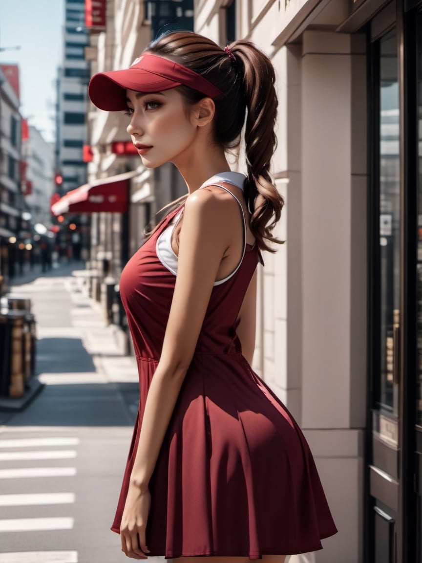 cinematic photo beautiful woman wearing a tennis dress  action shot, from below, sun visor, ponytail . 35mm photograph, film, bokeh, professional, 4k, highly detailed,LinkGirl