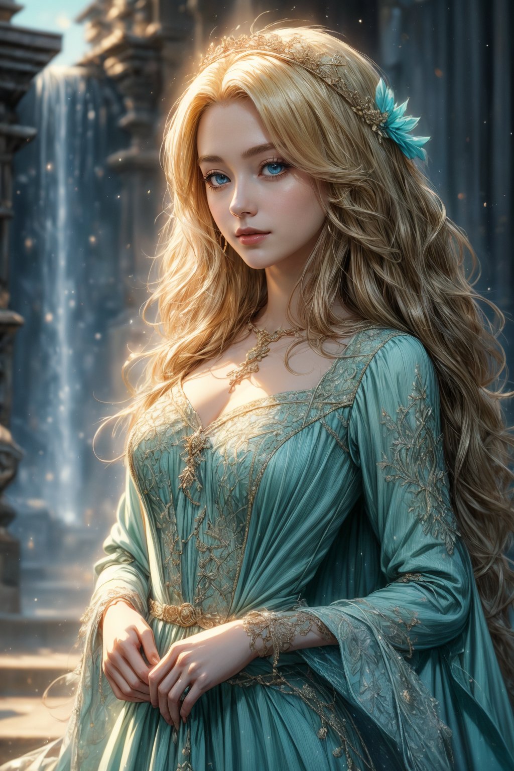 ((best quality)), ((masterpiece)), ((best illustration)), ((anime artwork)), Odette from the swan princess, long cascading blonde hair, long hair, curly hair, detailed green eyes, bright green eyes, Wearing alluring medieval-styled dress, flowing white dress with teal puffed sleeves and teal belt, dress enhanced by intricate details, wearing gold heart-shaped locket, Alluring, sweet, on eye level, scenic, masterpiece, 1 girl, hyperdetailed face, full lips, background is stone bridge and waterfall