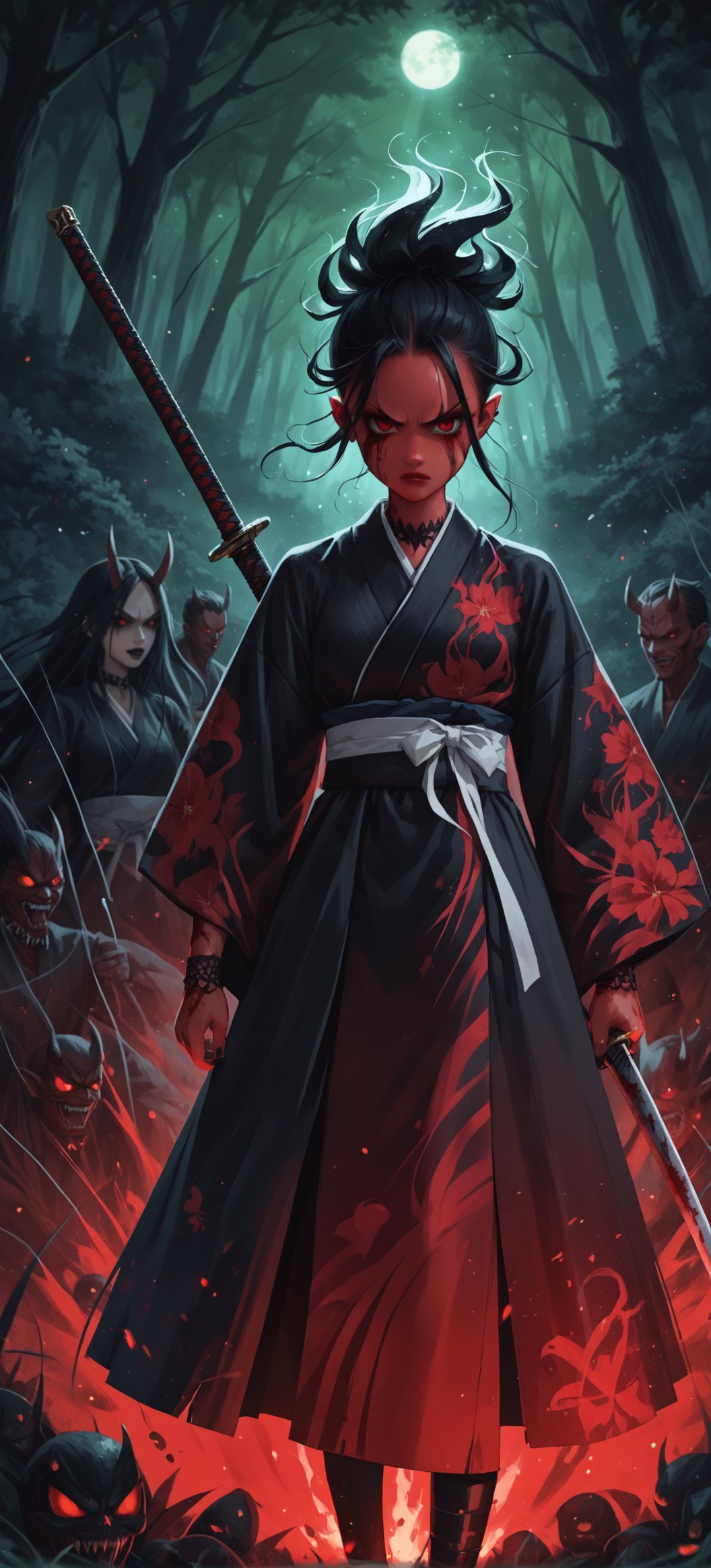 (ethereal dark fairy tale by Tim Sale), young anime girl fight stance in a dark forest holding sheath of a bloody katana, dark red kimono, chrysanthemum, Momiji floral décoration, (dark + gothic, + foreboding background:1.4), more detail XL,Oni, Demon,Red Mask