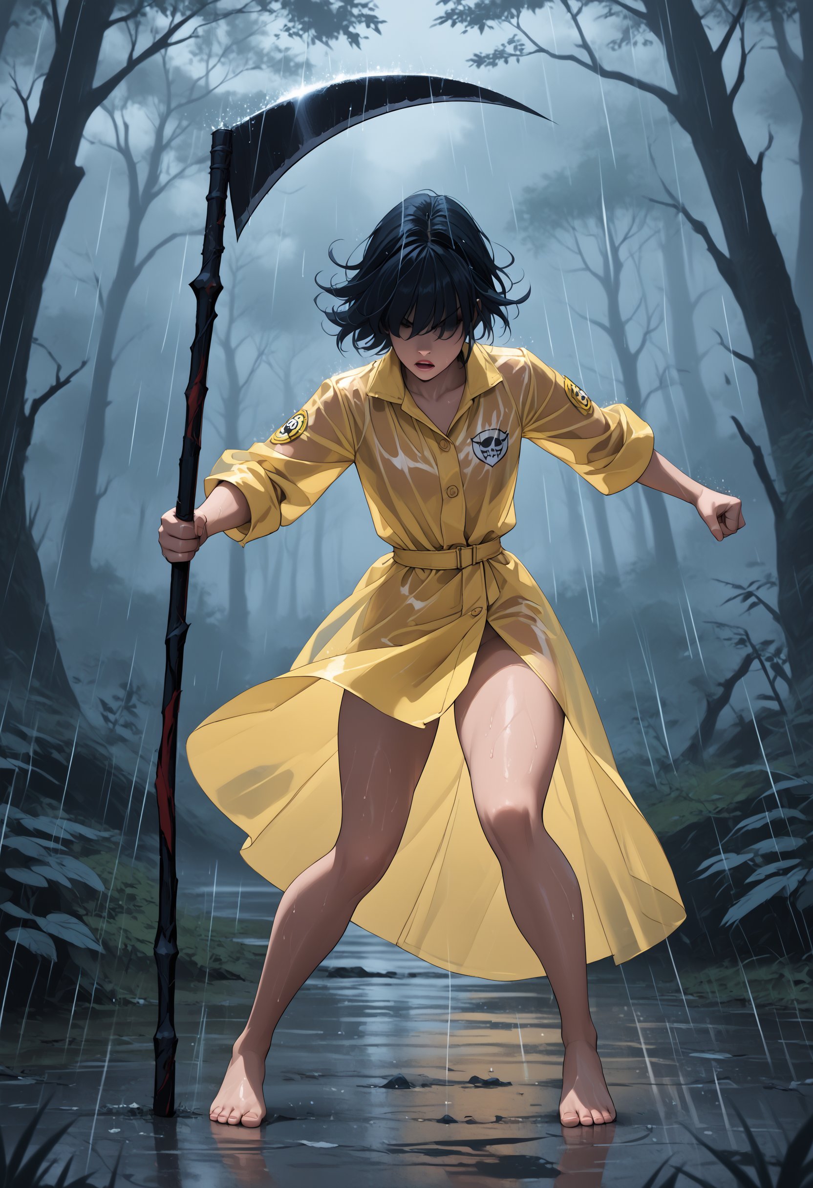 score_9,score_8_up,score_7_up, (ethereal dark fairy tale by Nicola Samori, JC Leyendecker), 1girl, Yurei, wearing a yellow raincoat, naked under raincoat, Raincoat over head, Hair covering eyes, Short black hair, fight stance in a dark forest, bare feet, (fight stance with a scythe:1.3), scythe in her hand, (dark + gothic, + foreboding background:1.4), more detail XL, rainy 