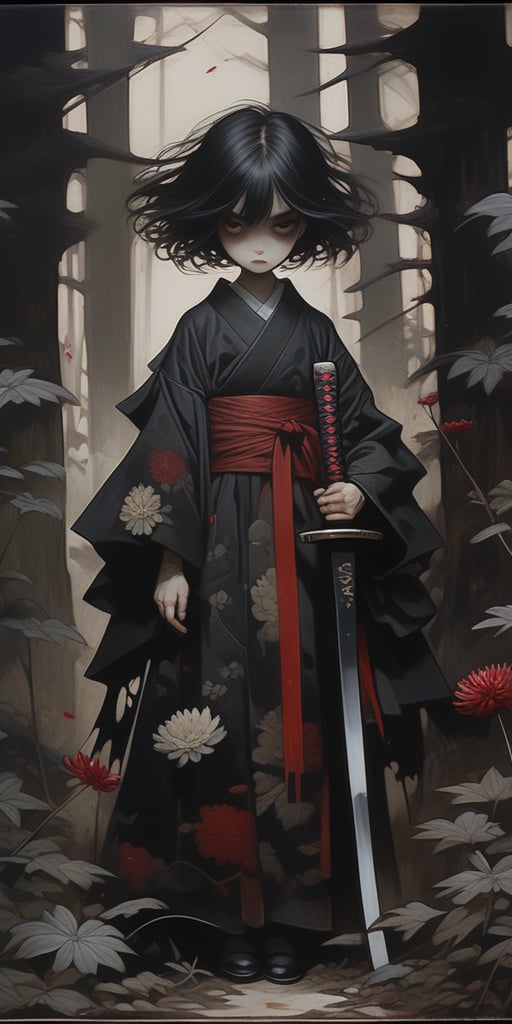 (ethereal dark fairy tale by Nicola Samori, JC Leyendecker), young anime girl standing thé ground in a dark forest holding a bloody katana with the tip pointing up, dark red kimono, chrysanthemum floral décoration, (dark + gothic, + foreboding background:1.4), more detail XL