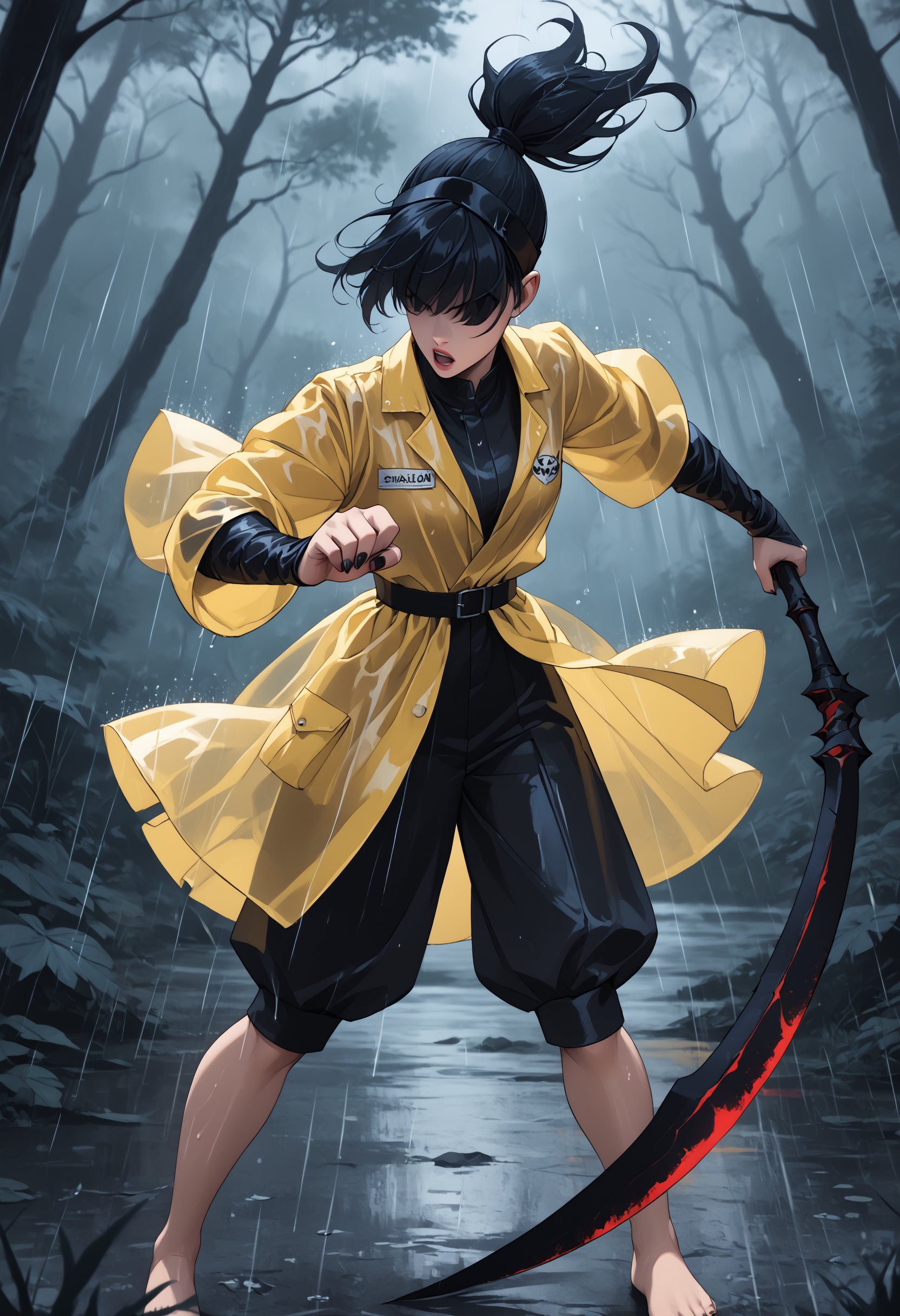 score_9,score_8_up,score_7_up, (ethereal dark fairy tale by Nicola Samori, JC Leyendecker), 1girl, Yurei, wearing a yellow raincoat, bare feet, black paint nails, Raincoat over head, Hair covering eyes, Short black hair, fight stance in a dark forest, (fight stance with a scythe:1.3), scythe in her hand, (dark + gothic, + foreboding background:1.4), more detail XL, rainy 