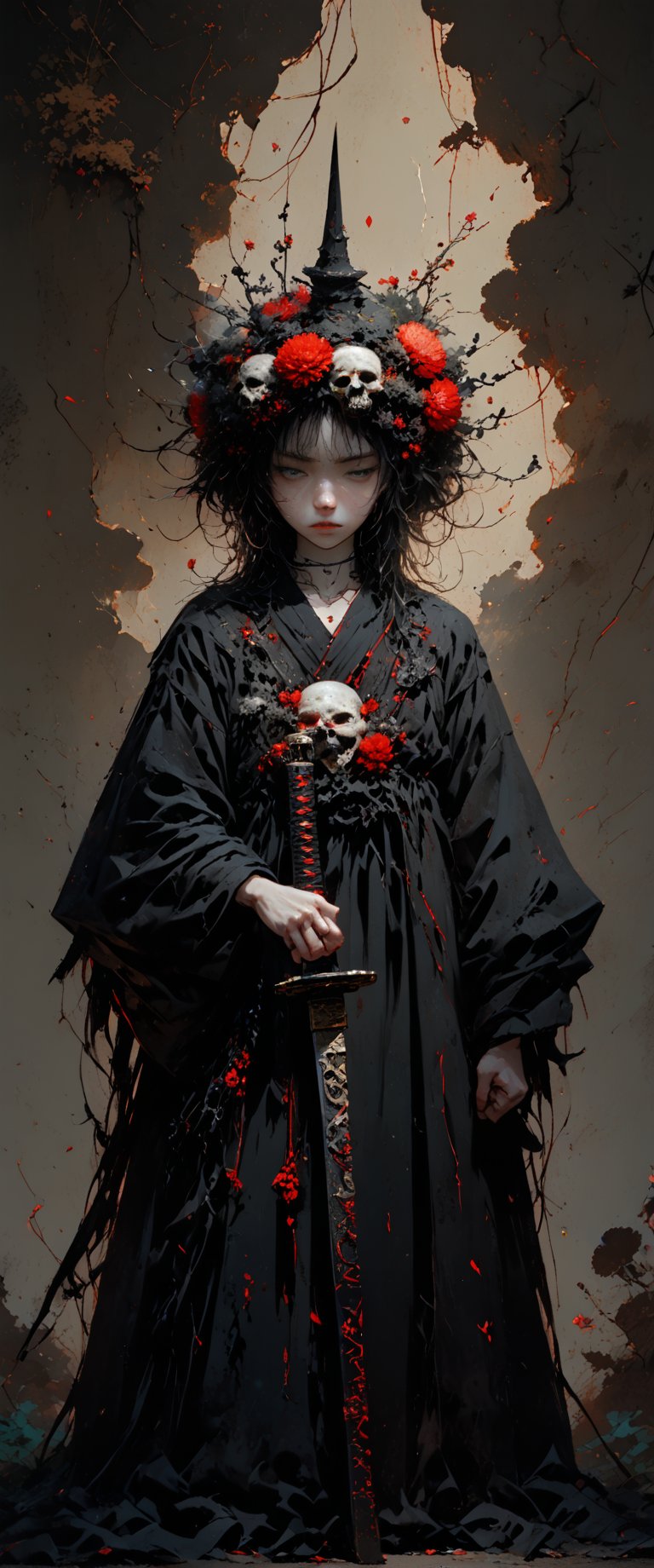 (ethereal dark fairy tale by Nicola Samori, JC Leyendecker), young anime girl standing the ground in a dark forest holding sheath of a bloody katana with the tip pointing up, dark red kimono, chrysanthemum floral décoration, (dark + gothic, + foreboding background:1.4), more detail XL,white mask, oni, oni mask,