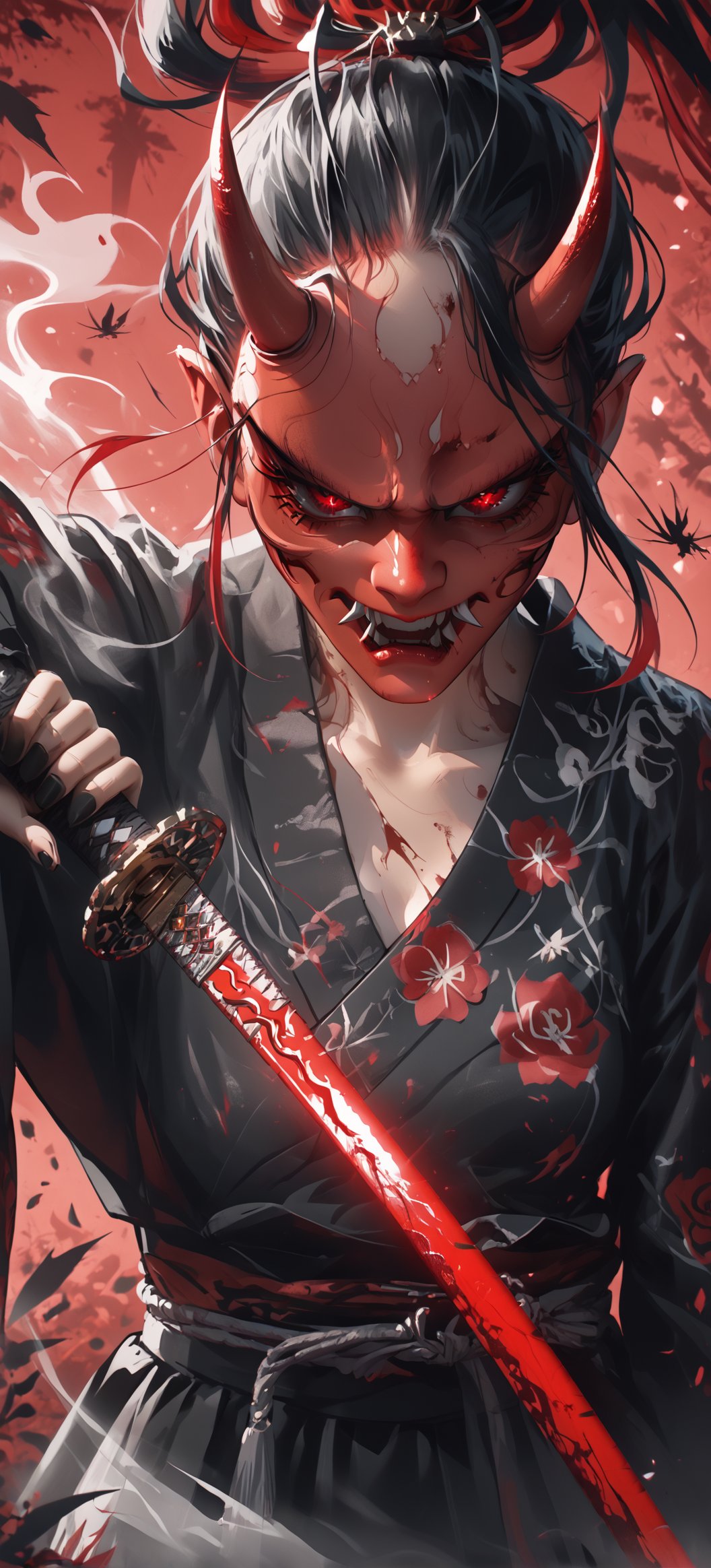 (ethereal dark fairy tale by Nicola Samori, JC Leyendecker), young anime girl fight stance in a dark forest holding sheath of a bloody katana, dark red kimono, chrysanthemum floral décoration, (dark + gothic, + foreboding background:1.4), more detail XL,Oni, Demon,Red Mask,HKWARRIOR