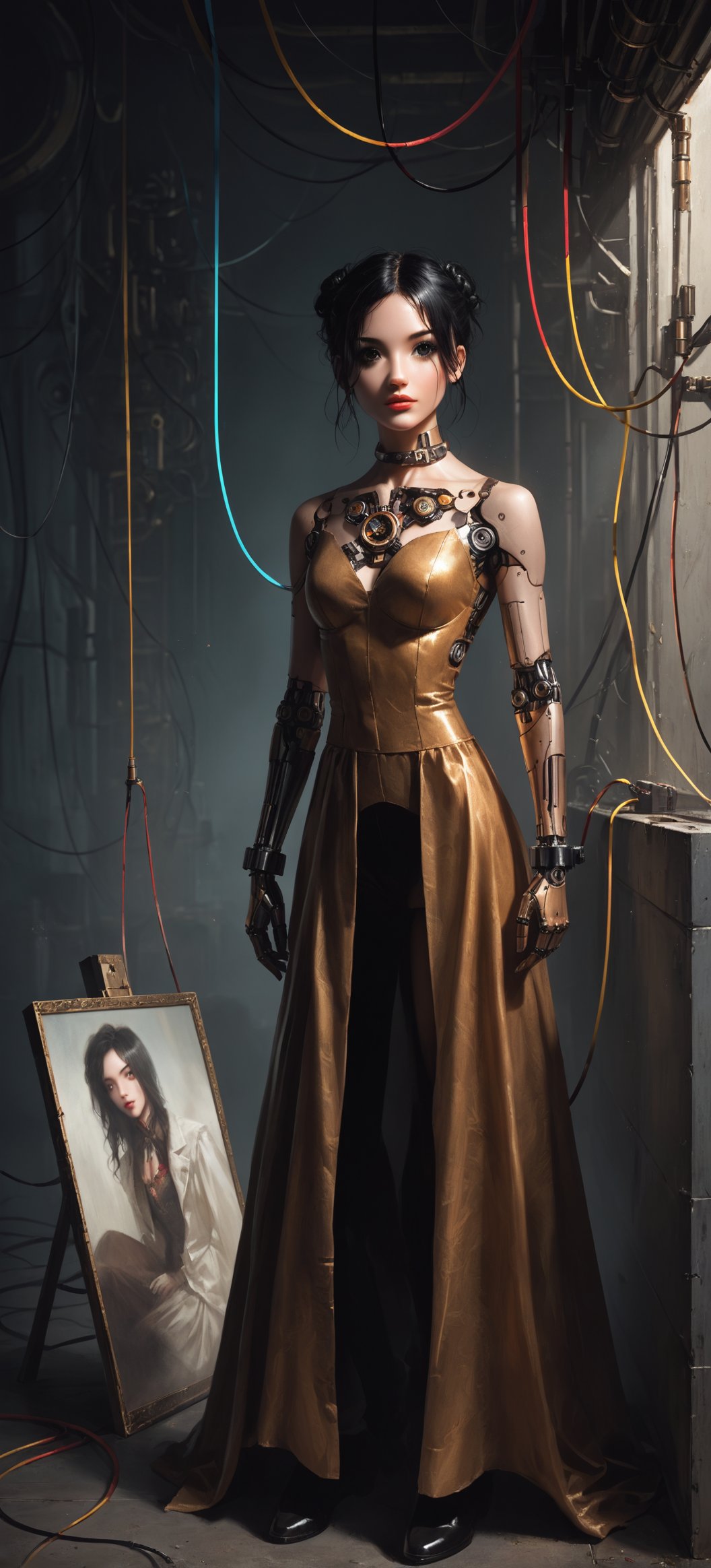 Please create a masterpiece, stunning beauty, perfect face, epic love, Slave to the machine, full-body, hyper-realistic oil painting, black hair, brown vibrant colors, Body horror, wires, steampunk, biopunk, cyborg by Peter Gric, Hans Ruedi Giger, Marco Mazzoni, dystopic, golden light, perfect composition,