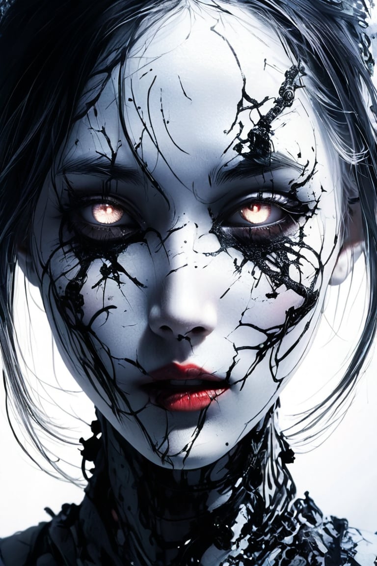 A crisp, clear, anime portrait of a sadistic women. Horror, nightmare, bloody, detailed, intricate, clear eyes. Black on white smoke layer, Crisp image, extremely detailed, sci-fi, fantasy, Clear, high resolution, 8k resolution , futuristic, hyperrealistic