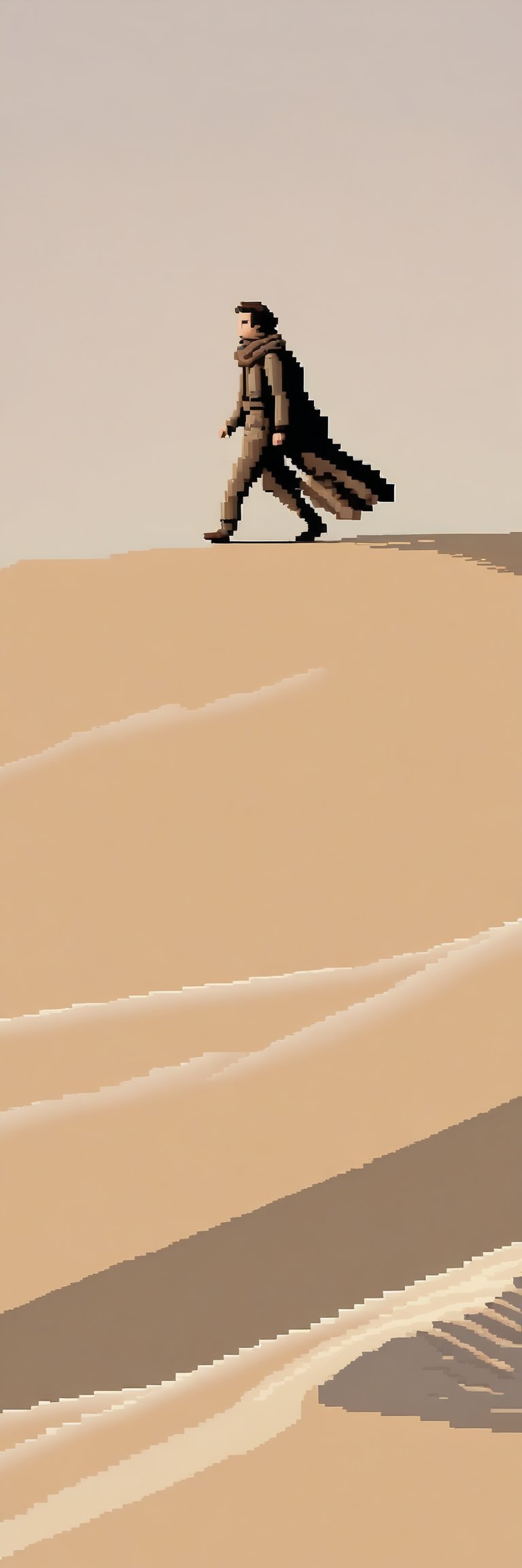 (1guys), (full body), Pixel-Art Adventure featuring a guy: Pixelated a Fremen characters walking on Dune wtih stillsuit on, walking toward the viewer, solo, Denis Villeneuve, vibrant 8-bit environment, reminiscent of classic games.,Leonardo Style, Dune, Monkey Island style,pixel art,pixel,directed by Denis Villeneuve,cinematic,movie