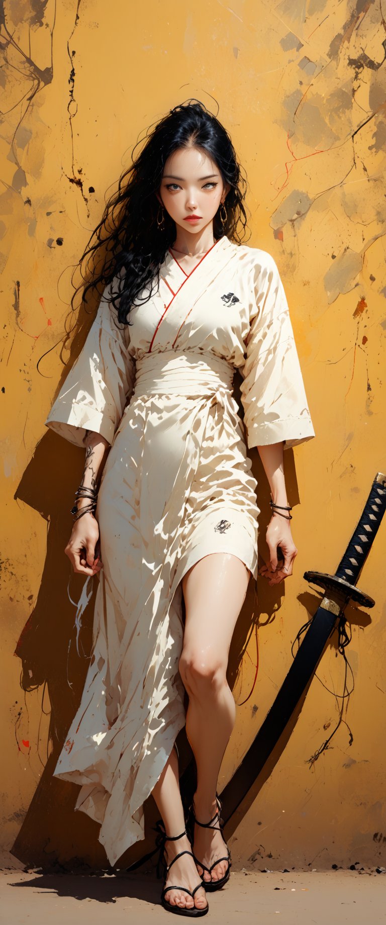 A striking  black haired Japanese woman standing confidently in a minimalist yellow background with a kakemono where you can read the text "SHUNKAHA",parchment, her long black hair flowing down her back. She wears a traditional kimono and high heels, showcasing her toned legs. Her eyes gaze directly at the viewer, with a hint of intensity. A katana sword rests against her hip, its sheath adorned with intricate designs. Her arms are adorned with tattoos, one on her forearm and another on her upper arm. She wears earrings and a bracelet, complementing her bold makeup. legs spread, pelvis curtain,as she holds the sword at the ready, exuding confidence and strength.,#18+ Content,#Adult,#Fan Art,#SDXL,#Realistic,#Manga,#Hentai,#mature,#Cartoon,#Anime