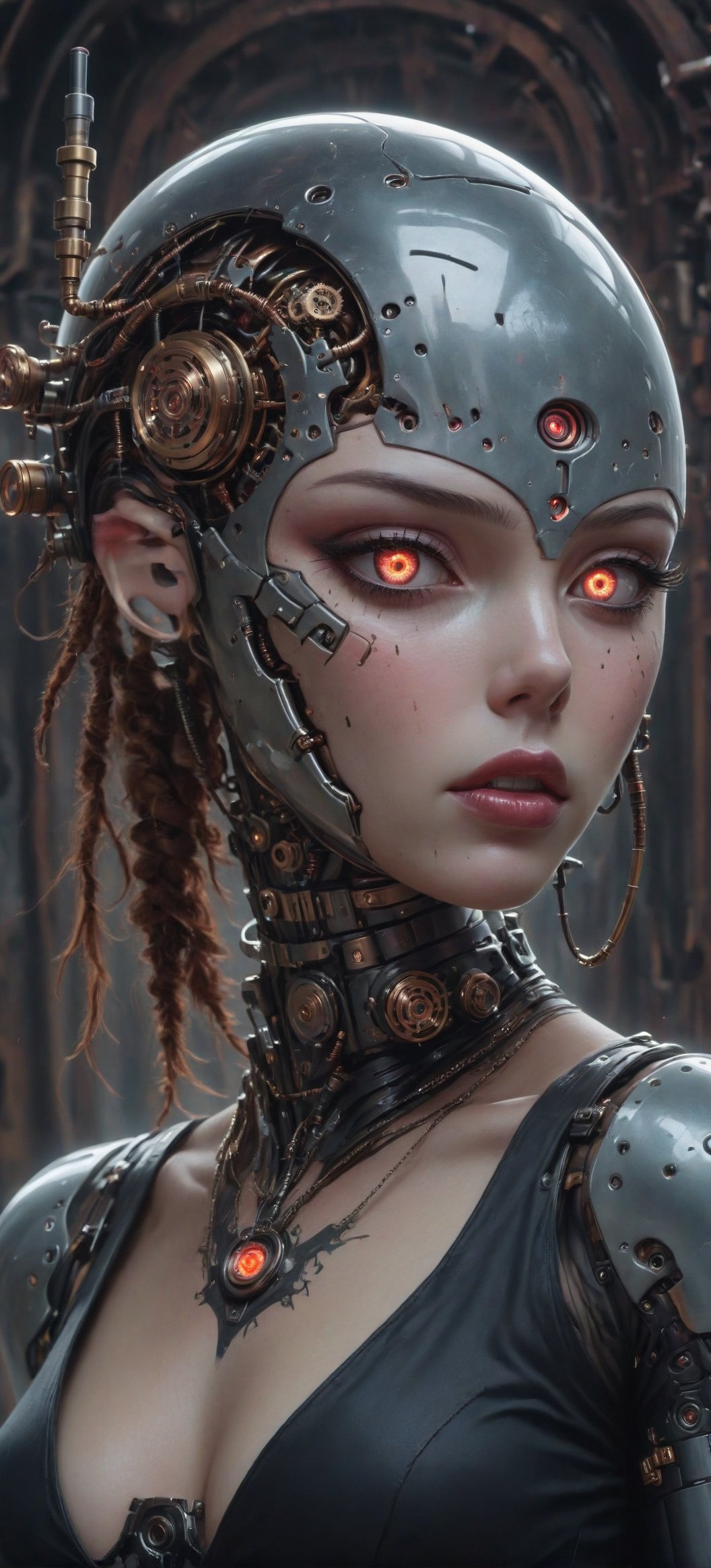 An image that combines cyborg and steampunk elements with a touch of psychedelic.